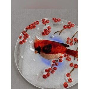 Red Cardinal Winter Berry Glass Decorative Plate Textured Hand Painted 8 Inch
